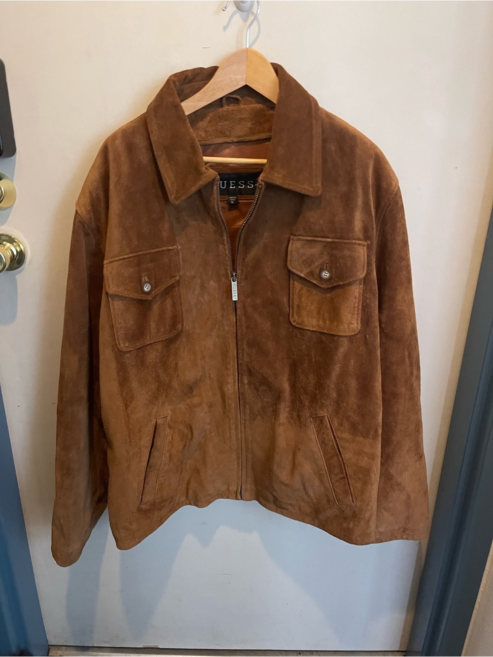 GUESS Men's Chest-Pocket Brown Suede Bomber Jacket